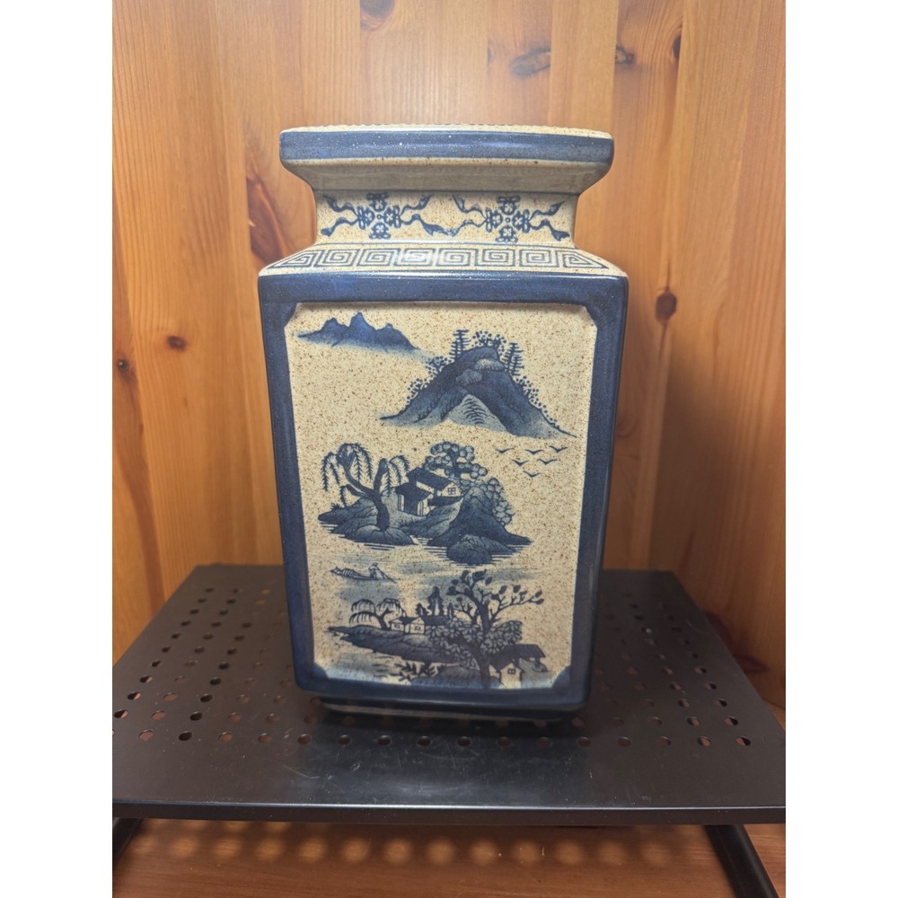 Vintage Style Blue White Chinese Landscape Calligraphy Square Ceramic Vase 11.5"